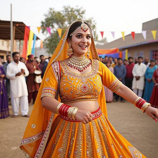 Photograph of a smiling Indian bride in an ornate orange lehenga and veil, adorned with gold jewelry, dancing at a colorful outdoor celebration with a