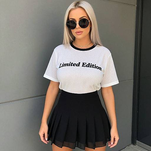 Photograph of a blonde woman with straight hair, wearing black sunglasses, white 