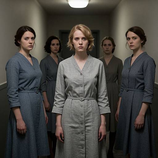 Photograph of five women in dim hallway, all wearing blue-gray, textured, long-sleeve dresses; central woman with blonde hair stands front and