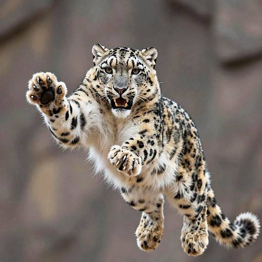 Photograph of a dynamic, mid-leap snow leopard with striking black spots and white fur, mouth open, front paw extended, blurred brown background.