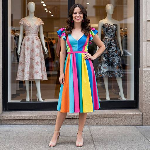 Photograph of a smiling woman in a vibrant, rainbow-striped dress, standing in front of a store window displaying two mannequins.