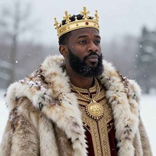 Photograph of a regal Black man with a beard, wearing a golden crown, fur robe, and ornate gold necklace, standing in a snowy