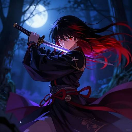 Anime-style digital illustration of a black-haired samurai with red-tinted hair, wielding a glowing sword under a moonlit forest.