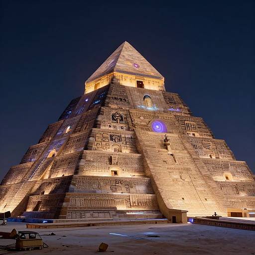 Photograph of a grand pyramid illuminated at night, featuring glowing circular lights and intricate carvings, against a dark blue sky.