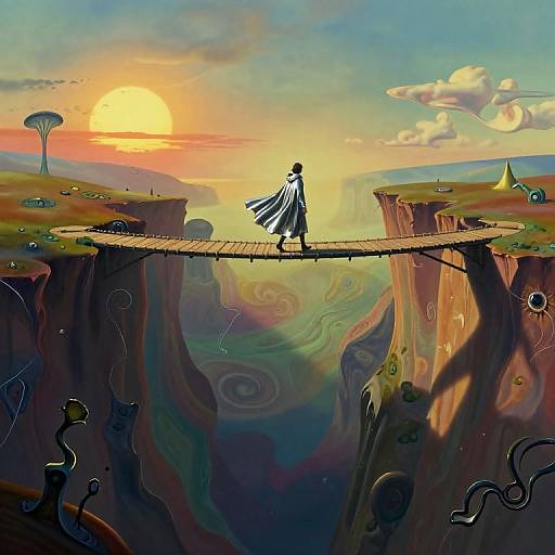 Digital art: Silhouetted figure with flowing cloak crosses a wooden bridge between two canyon cliffs at sunset, with surreal, colorful clouds and abstract shapes