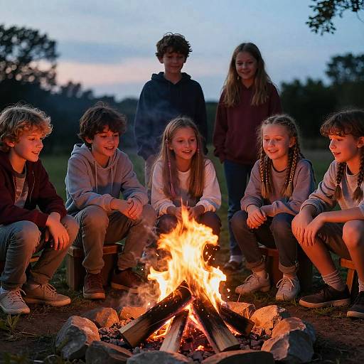 Photograph of six teenagers, three boys and three girls, sitting around a campfire at dusk, smiling, dressed in casual clothes.