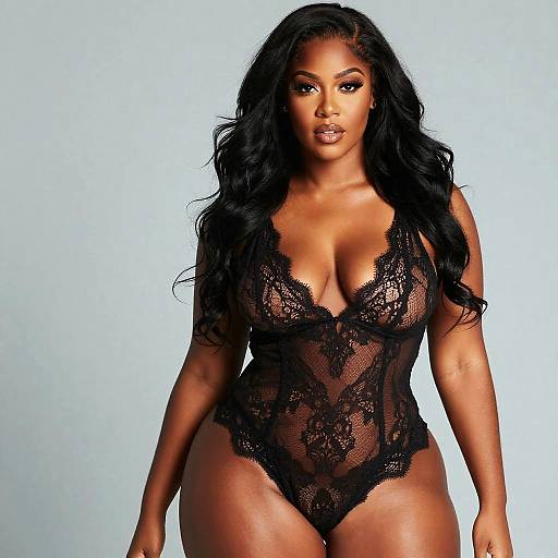 Photograph of a confident, curvy Black woman with long black hair wearing a revealing black lace bodysuit, standing against a plain white background.