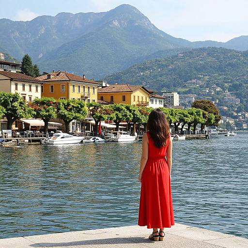 Photograph of a woman in a red dress standing on a lakeside pier, facing a row of yellow buildings with mountains in the background on a sunny