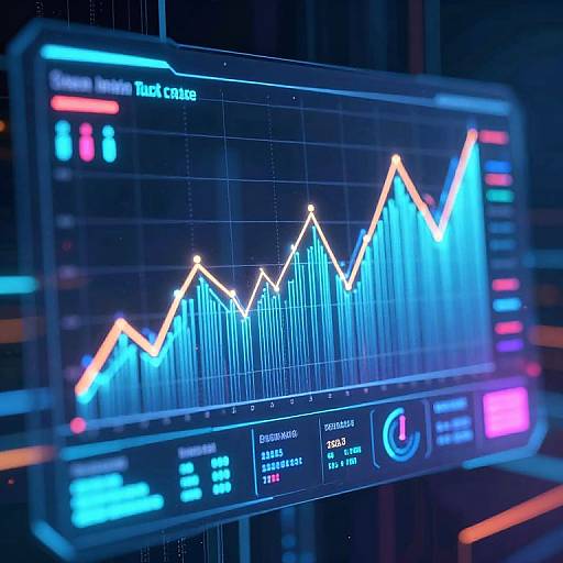 Neon-lit financial monitor displaying a vivid blue and orange stock graph with rising peak, labeled 