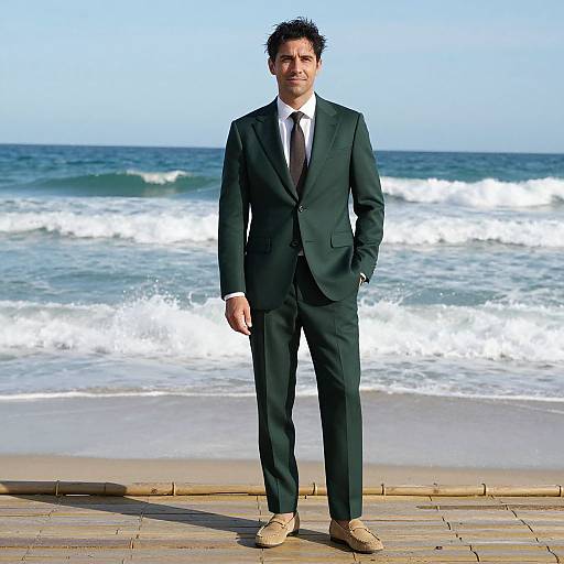 Man in Dark Green Suit on Beach Deck
