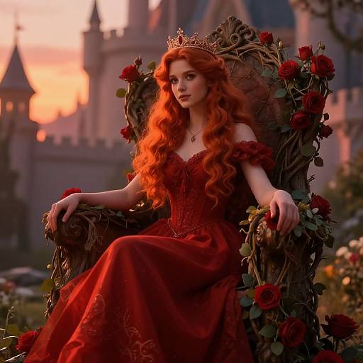Photograph-style digital art of a red-haired queen with a crown, wearing a red gown, seated on a rose-adorned throne, with a