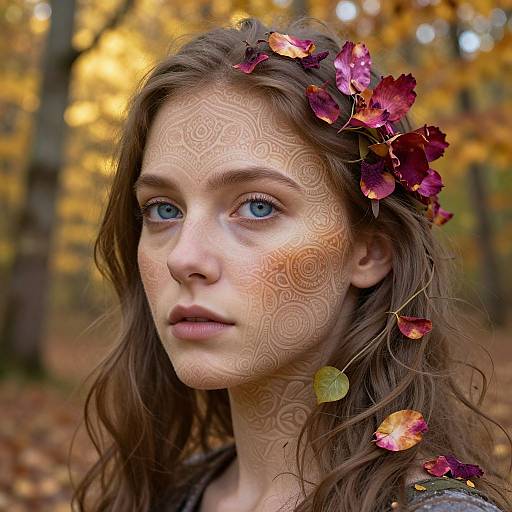 Photograph of a young woman with blue eyes, intricate swirling white face paint, wearing a red and purple leaf headband, in a blurred autumn forest