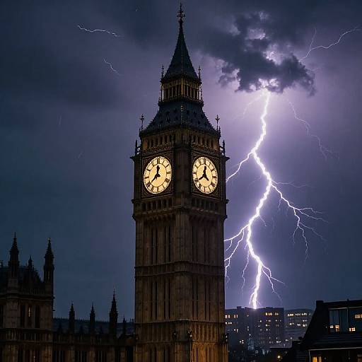Photograph of Big Ben clock tower illuminated against a dark, stormy sky with vivid purple lightning bolts striking nearby.
