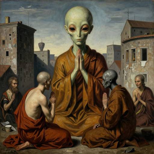 Digital art of a green-skinned alien monk with large eyes, hands in prayer, surrounded by bald, robed human monks in a ruined cityscape