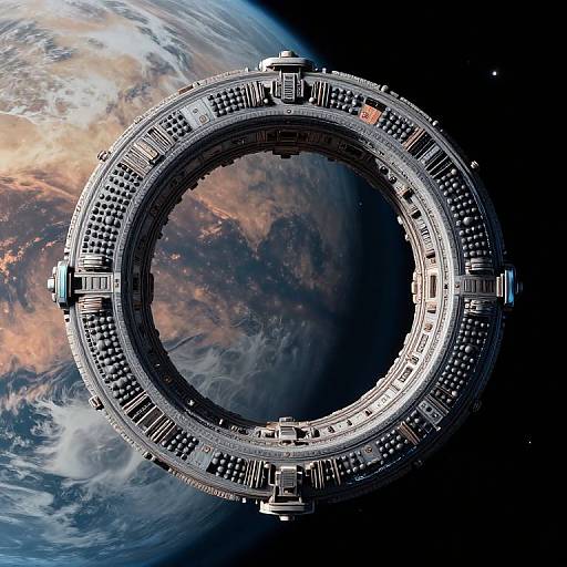 Photorealistic CGI of a large, circular space station orbiting Earth, with detailed technological structures and a dark, starry background.