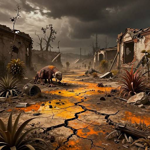 Digital artwork of a post-apocalyptic scene: cracked, glowing orange ground, two striped creatures, ruined buildings, dark clouds, and sparse vegetation.