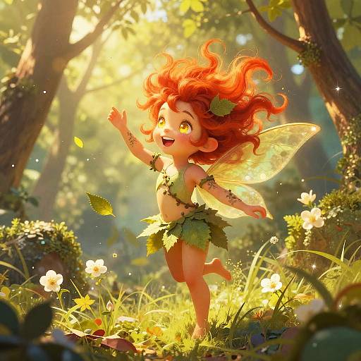 Digital illustration of a joyful, red-haired fairy with translucent wings, wearing a leafy outfit, dancing in a sunlit forest.