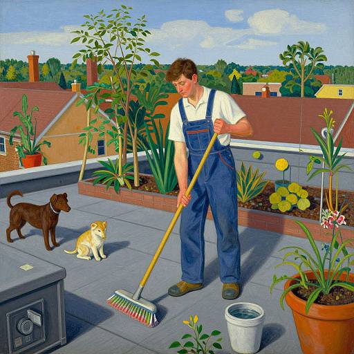 Digital painting of a man in blue overalls and white shirt, sweeping rooftop garden with two dogs, surrounded by potted plants and suburban houses. Bright