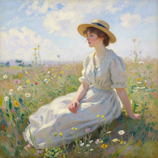 Impressionist painting of a fair-skinned woman in a white dress and straw hat, sitting in a sunlit meadow of colorful wildflowers.