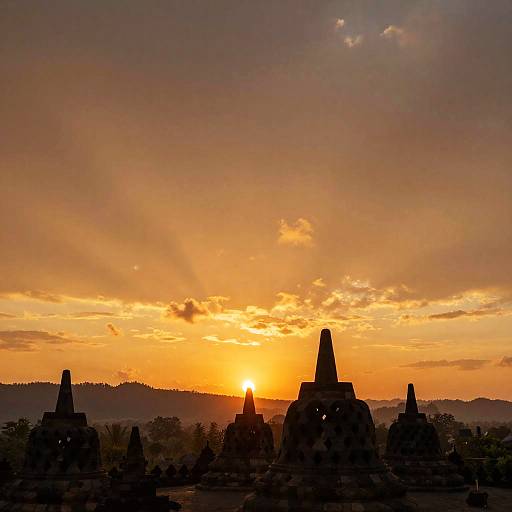 Photograph of a vibrant sunset over ancient, silhouetted temples with conical roofs, casting warm orange and yellow hues across the sky and distant