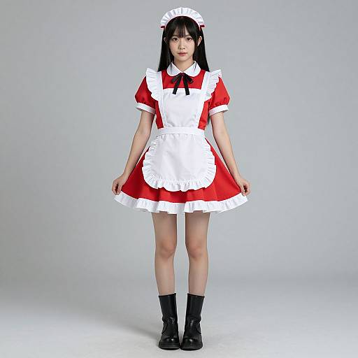 Photograph of an Asian woman in a red and white French maid outfit with black boots, white apron, and headdress, standing against a plain