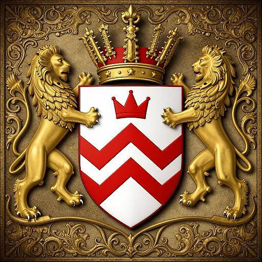 Gilded coat of arms with red and white chevron shield, crowned by a gold crown between two standing lion statues.