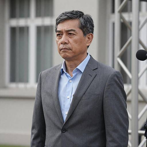 Serious Middle-Aged Man Outdoors in Gray Suit