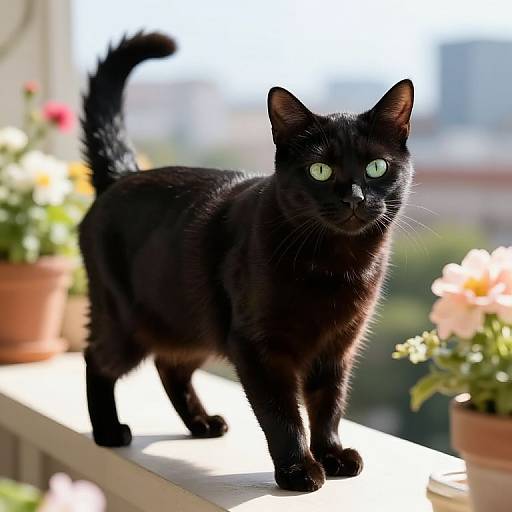 Photograph of a black cat with bright green eyes standing on a sunlit balcony, surrounded by potted flowers and a blurred cityscape background.