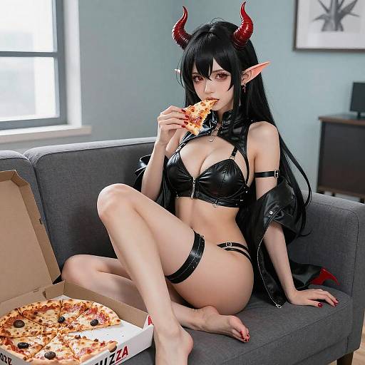 Seductive Demon Girl Enjoying Pizza