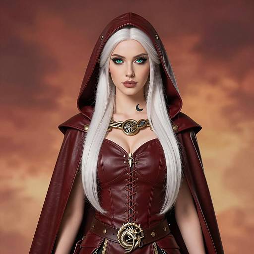 Fantasy Elven Woman with White Hair and Burgundy Cloak