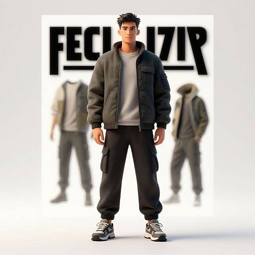 Digital rendering of a young man with short black hair, wearing a dark jacket, white t-shirt, black pants, and sneakers, with blurred background figures