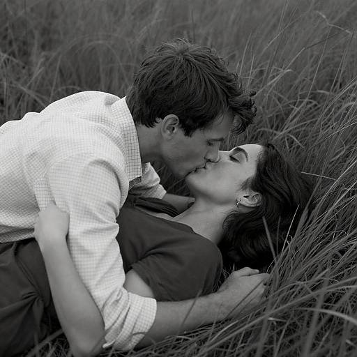 Black-and-White Couple Kissing in Tall Grass