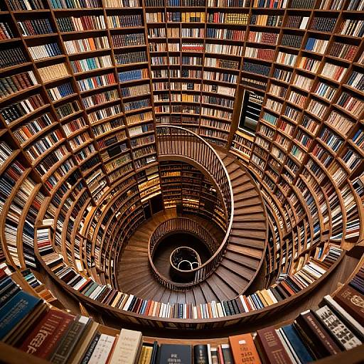 Photograph of a spiral staircase surrounded by circular, multi-tiered bookshelves filled with colorful books, creating a mesmerizing, symmetrical pattern.