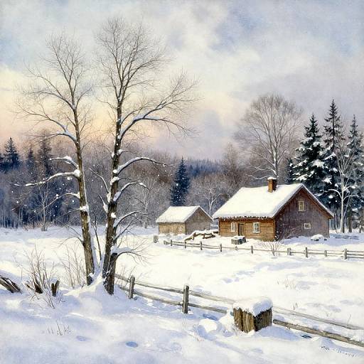 Photograph of a snowy rural landscape with two wooden cabins, leafless trees, and a wooden fence, under a pastel sunset sky.