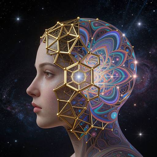 Digital art of a pale-skinned woman with geometric gold headpiece and iridescent, swirling blue patterns, set against a starry space background.