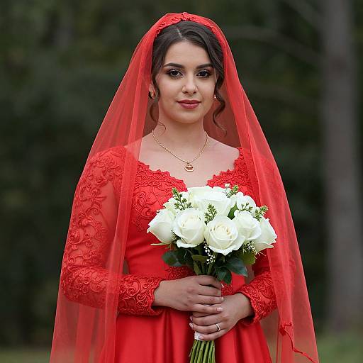 Photograph of a South Asian bride with fair skin, dark hair, wearing a red lace dress and veil, holding a bouquet of white roses, standing