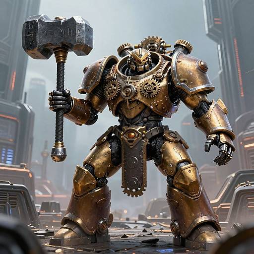 Photorealistic CGI of a muscular, gold-hued, steampunk robot warrior holding a massive hammer in a foggy, futuristic city street.
