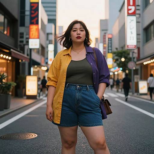 Photograph of an Asian woman with medium build, shoulder-length black hair, wearing a yellow and purple shirt, green tank top, denim shorts, standing