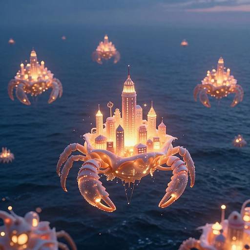 Photograph of illuminated, crab-shaped floating cityscapes with glowing buildings on a dark blue ocean at twilight. Multiple crab models in the background.
