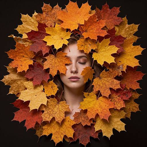 Photograph of a serene young woman with closed eyes, surrounded by a circular arrangement of vibrant autumn leaves in orange, red, and yellow, against a