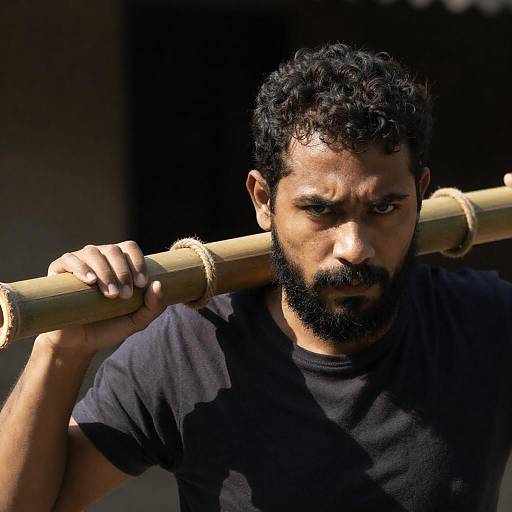 Focused Bearded Man with Bamboo Poles