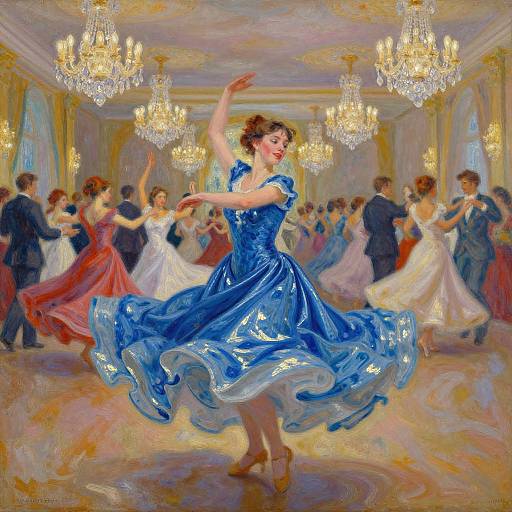 Impressionist painting of a ballroom dance; central woman in a flowing blue dress twirls, surrounded by elegantly dressed dancers under glowing ch