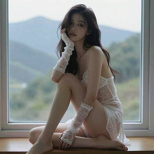Photograph of a slender Asian woman with long, dark hair, wearing white lace lingerie and gloves, sitting by a window with mountainous greenery outside