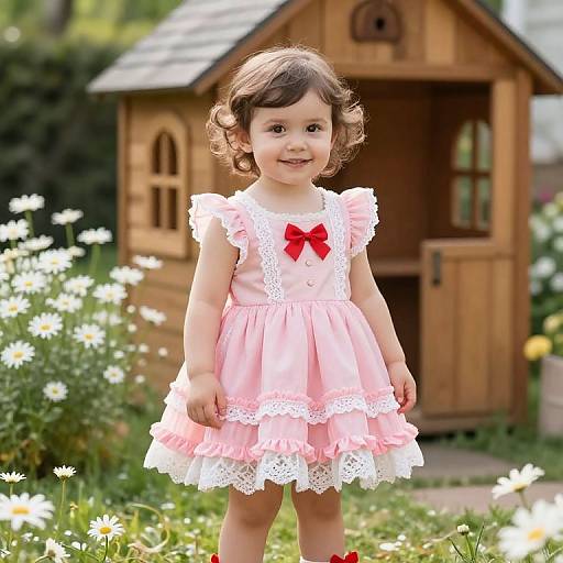 Photograph of a cute, curly-haired toddler girl in a pink lace dress with a red bow, standing in a sunny garden with white daisies