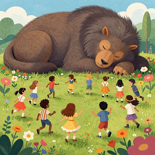 Digital illustration of a large, brown bear sleeping in a vibrant, flower-filled meadow, surrounded by playful, diverse children in colorful clothes.
