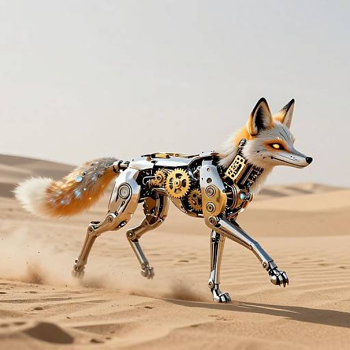 Digital artwork of a cybernetic fox with glowing orange eyes, running through a sandy desert, featuring intricate gear mechanisms in its body.