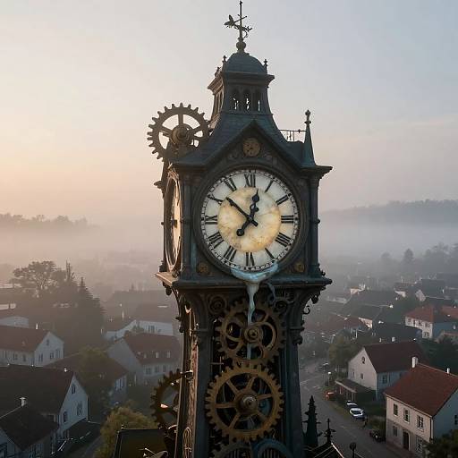 Photograph of an ornate, steampunk-style clock tower with gears, set against a misty morning townscape with red-roofed houses