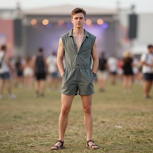 Photograph of a young man with short brown hair, wearing a sleeveless, button-down, grey shorts outfit, and black sandals, standing on grass