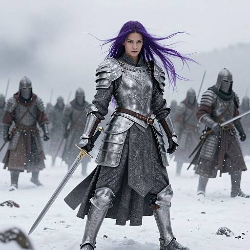 Digital fantasy artwork of a fierce, purple-haired woman in silver armor, holding a sword, standing in snow, surrounded by armored soldiers.