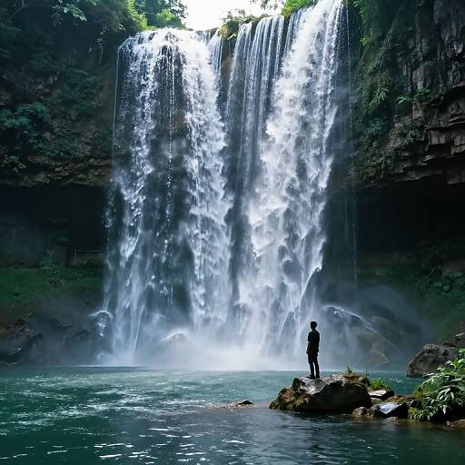 Photograph of a person standing on a rocky ledge at the base of a towering, cascading waterfall, surrounded by lush greenery.